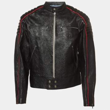Pre Owned Gucci Black Logo Printed Leather Rider Jacket M