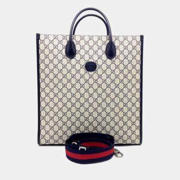 مملوكة مسبقًا Gucci Cream Navy Blue PVC Interlocking G Medium Tote and Shoulder Bag (674155)