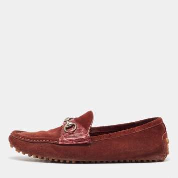 Pre Owned Gucci Burgundy Suede Slip On Loafers Size 43