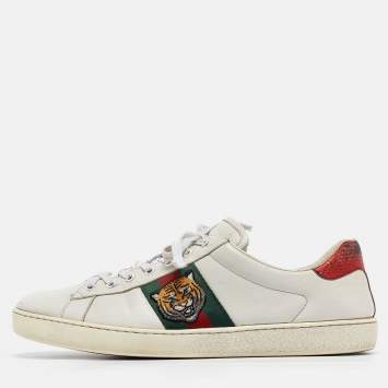 Pre Owned Gucci White Leather Web Ace Sneakers Size 46
