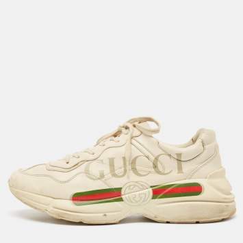 Pre Owned Gucci Cream Leather Vintage Logo Rhyton Sneakers Size 44.5