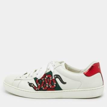 Pre Owned Gucci White Leather Embroidered Snake Ace Sneakers Size 41.5