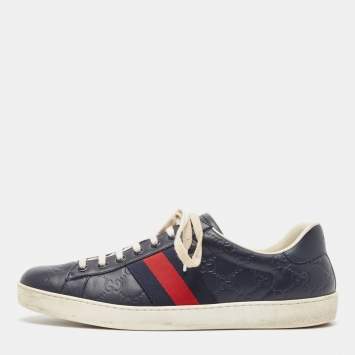 Pre Owned Gucci Navy Blue Guccissima Leather Ace Sneakers Size 43
