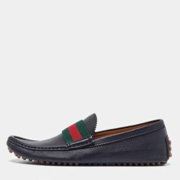 Pre Owned Gucci Black Leather Web Trim Slip On Loafers Size 40