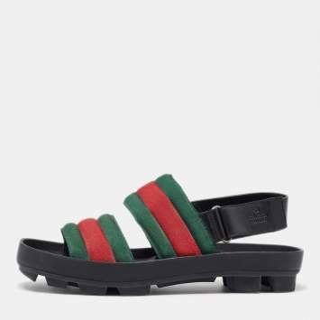 Pre Owned Gucci Green/Red Web Canvas Flat Sandals Size 41