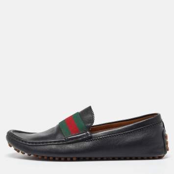 Pre Owned Gucci Black Leather Web Trim Slip On Loafers Size 41.5