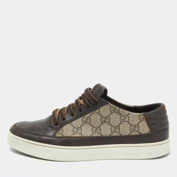Pre Owned Gucci Beige/Brown GG Supreme Canvas and Leather Low Top Sneakers Size 40.5