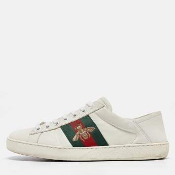 Pre Owned Gucci White Leather Embroidered Bee Ace Sneakers Size 40