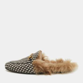Pre Owned Gucci Two Tone Printed Canvas Fur Lined Princetown Mules Size 45