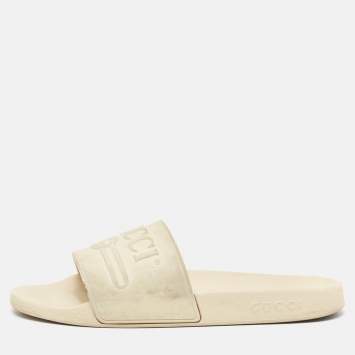 Pre Owned Gucci Off White Rubber Pursuit Logo Embossed Pool Slides Size 45
