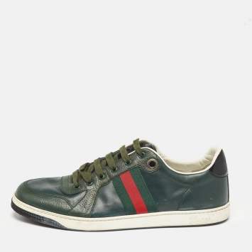 Pre Owned Gucci Green Leather Web Low Top Sneakers Size 44