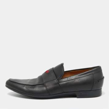 مملوكة مسبقًا Gucci Black Leather Web Detail Loafers Size 42.5