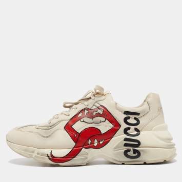 Pre Owned Gucci Cream Leather Mouth Print Rhyton Sneakers Size 45