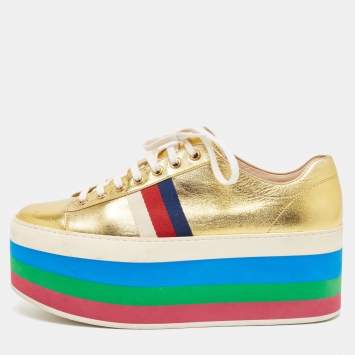 Pre Owned Gucci Gold Leather Peggy Lace Up Sneakers Size 40