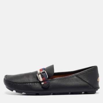 مملوكة مسبقًا Gucci Black Leather Bee Embroidered Web Loafers Size 41.5