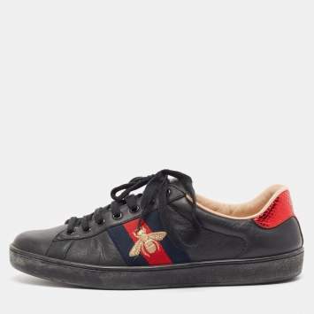 Pre Owned Gucci Black Leather Embroidered Bee Ace Sneakers Size 42.5