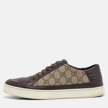 Pre Owned Gucci Beige/Brown GG Supreme Canvas and Leather Low Top Sneakers Size 41