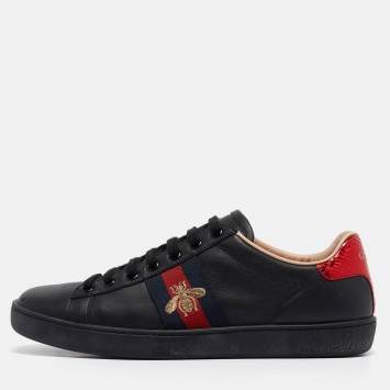 Pre Owned Gucci Black Leather Ace Web Lace Up Sneakers Size 37