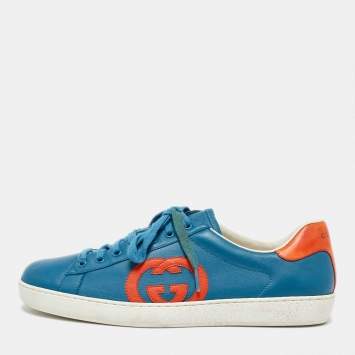 Pre Owned Gucci Blue/Orange Leather Low Top Sneakers Size 44.5