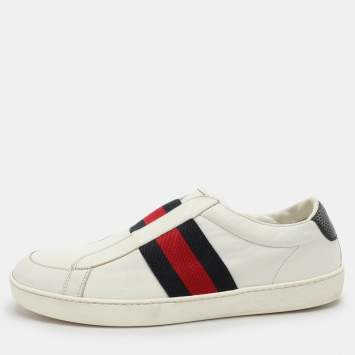Pre Owned Gucci White Leather Web Slip On Sneakers Size 43