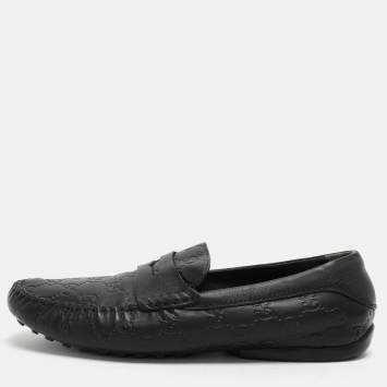 Pre Owned Gucci Black Guccissima Leather Penny Loafers Size 40.5