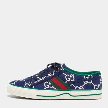 Pre Owned Gucci Blue Canvas Web Tennis 1977 Sneakers Size 43.5