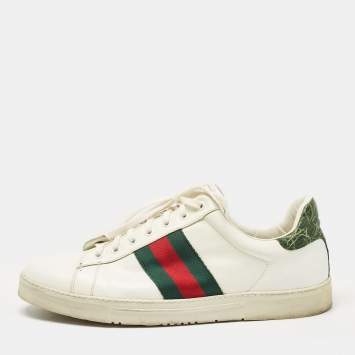 Pre Owned Gucci White/Green Alligator Leather and Leather Ace Lace Up Sneakers Size 43.5