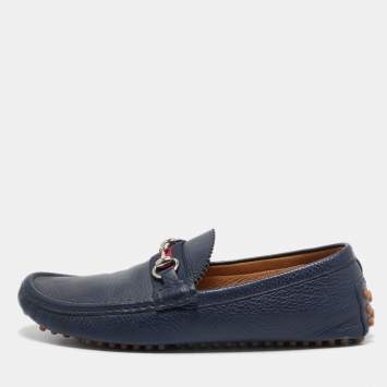 Pre Owned Gucci Navy Blue Leather Horsebit Loafers Size 42.5