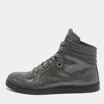 Pre Owned Gucci Grey Canvas and Leather High Top Sneakers Size 41.5