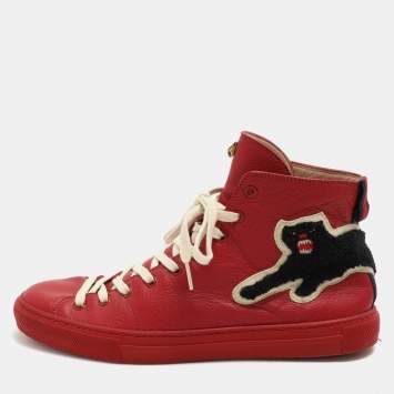 Pre Owned Gucci Red Leather Panther High Top Sneakers Size 41.5