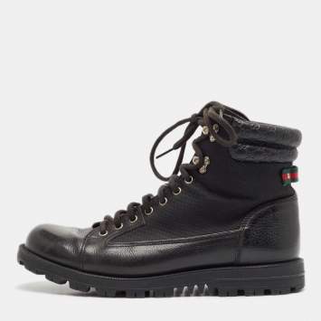 Pre Owned Gucci Black Leather and Mesh Combat Boots Size 43.5