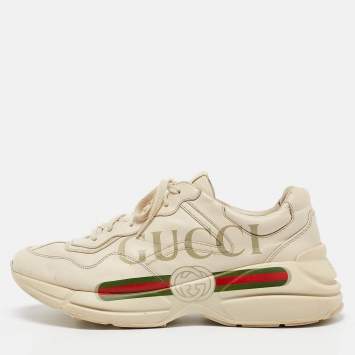 Pre Owned Gucci Cream Leather Vintage Logo Rhyton Sneakers Size 44.5