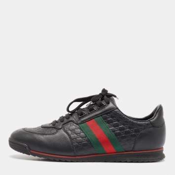 Pre Owned Gucci Black Microguccissima Leather Web Low Top Sneakers Size 41