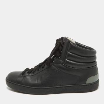 Pre Owned Gucci Black/Grey Leather GG Ace High Top Sneakers Size 40