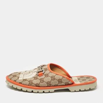 Pre Owned Gucci x The North Face Beige/Orange GG Canvas and Leather Flat Mules Size 41