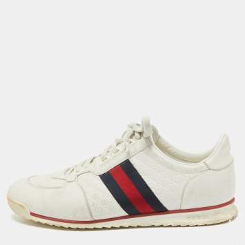 Pre Owned Gucci White Guccissima Leather Web Detail Low Top Sneakers Size 43