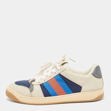 Pre Owned Gucci Grey Fabric and Nubuck Leather Screener Lace Up Sneakers Size 39.5