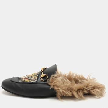Pre Owned Gucci Black Leather Princetown Fur Lined Horsebit Mules Size 44