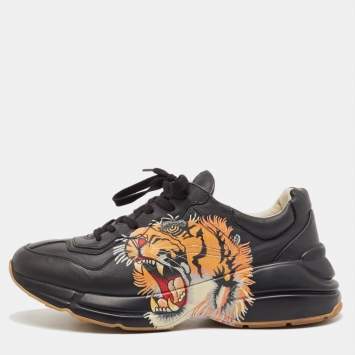 Pre Owned Gucci Black Leather Tiger Print Rhyton Sneakers Size 44.5