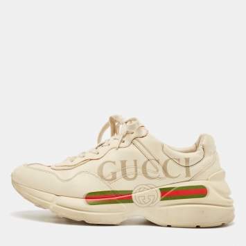 Pre Owned Gucci Cream Leather Rhyton Logo Sneakers Size 40