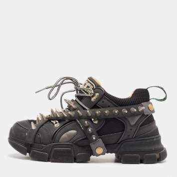 Pre Owned Gucci Black Leather and Mesh Removable Spikes Flashtrek Sneakers Size 40