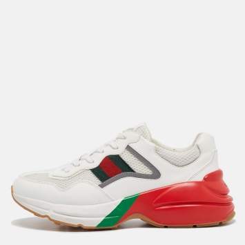 Pre Owned Gucci White/Red Leather and Mesh Rhyton Low Top Sneakers Size 41.5