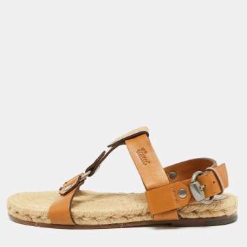 Pre Owned Gucci Tan Leather Ankle Strap Espadrille Flat Sandals Size 40.5