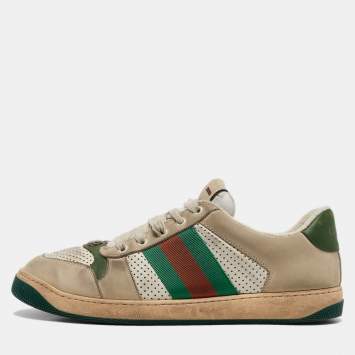Pre Owned Gucci Grey Leather and Nubuck Leather Screener Lace Up Sneakers Size 43