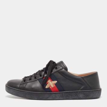 Pre Owned Gucci Black Leather Ace Web  Lace Up Sneakers Size 44