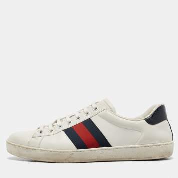 Pre Owned Gucci White/Blue Leather and Snakeskin Leather Ace Lace Up Sneakers Size 43.5
