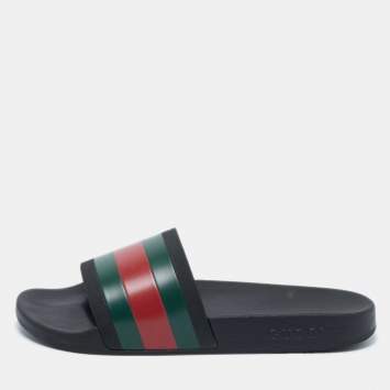 Pre Owned Gucci Black Rubber Pursuit Web Pool Slides Size 42
