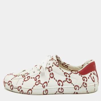Pre Owned Gucci White/Red Leather GG Ghost Ace Sneakers Size 44.5