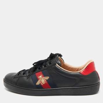 Pre Owned Gucci Black Leather Bee Embroidered Ace Sneakers Size 43.5