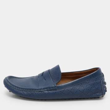 Pre Owned Gucci Blue Diamante Leather Penny Loafers Size 44.5